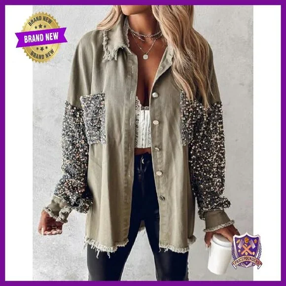 Oversized Denim Shacket with Sequin Patchwork Long Sleeves - Picture 4 of 8